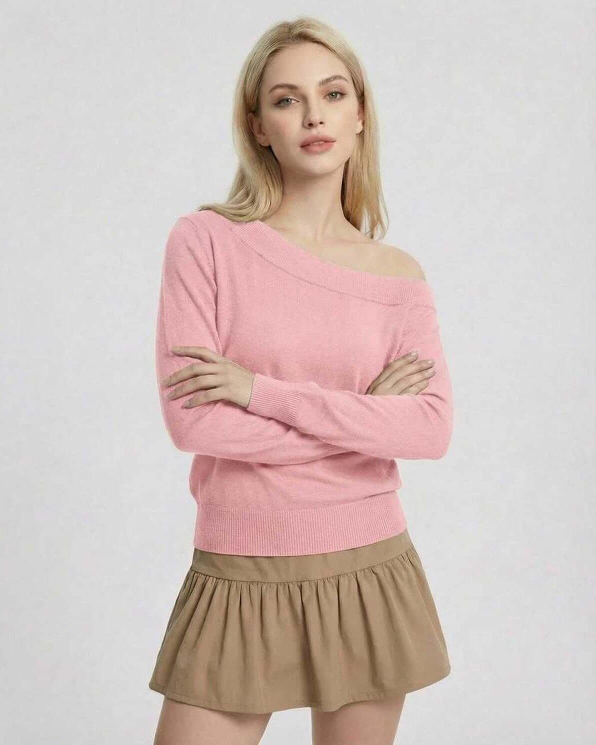 Rosalie Pullover by Lauven - Women’s pink off shoulder sweater with slim fit, perfect for contemporary styling.