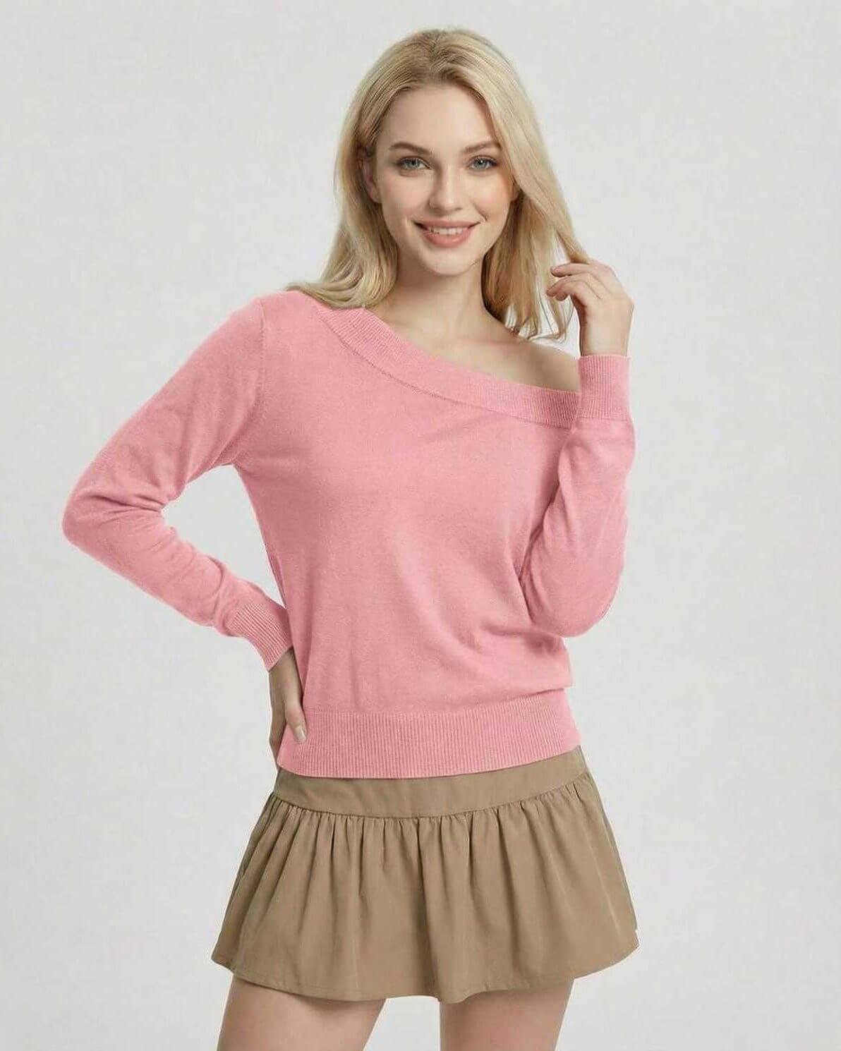 Rosalie Pullover - Women's pink off shoulder pullover sweater by Lauven for a stylish modern wardrobe.