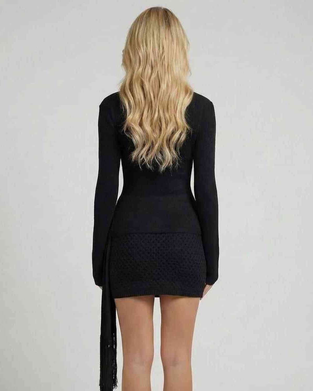 Back view of Monaco Mini Dress by Lauven, a black mini dress with long sleeves and fitted waist.