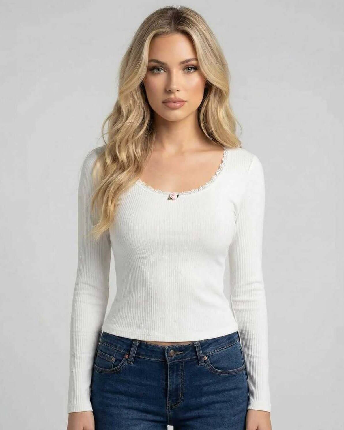 Elara Pullover by Lauven - Women’s white pullover sweater with lace trim and long sleeves.
