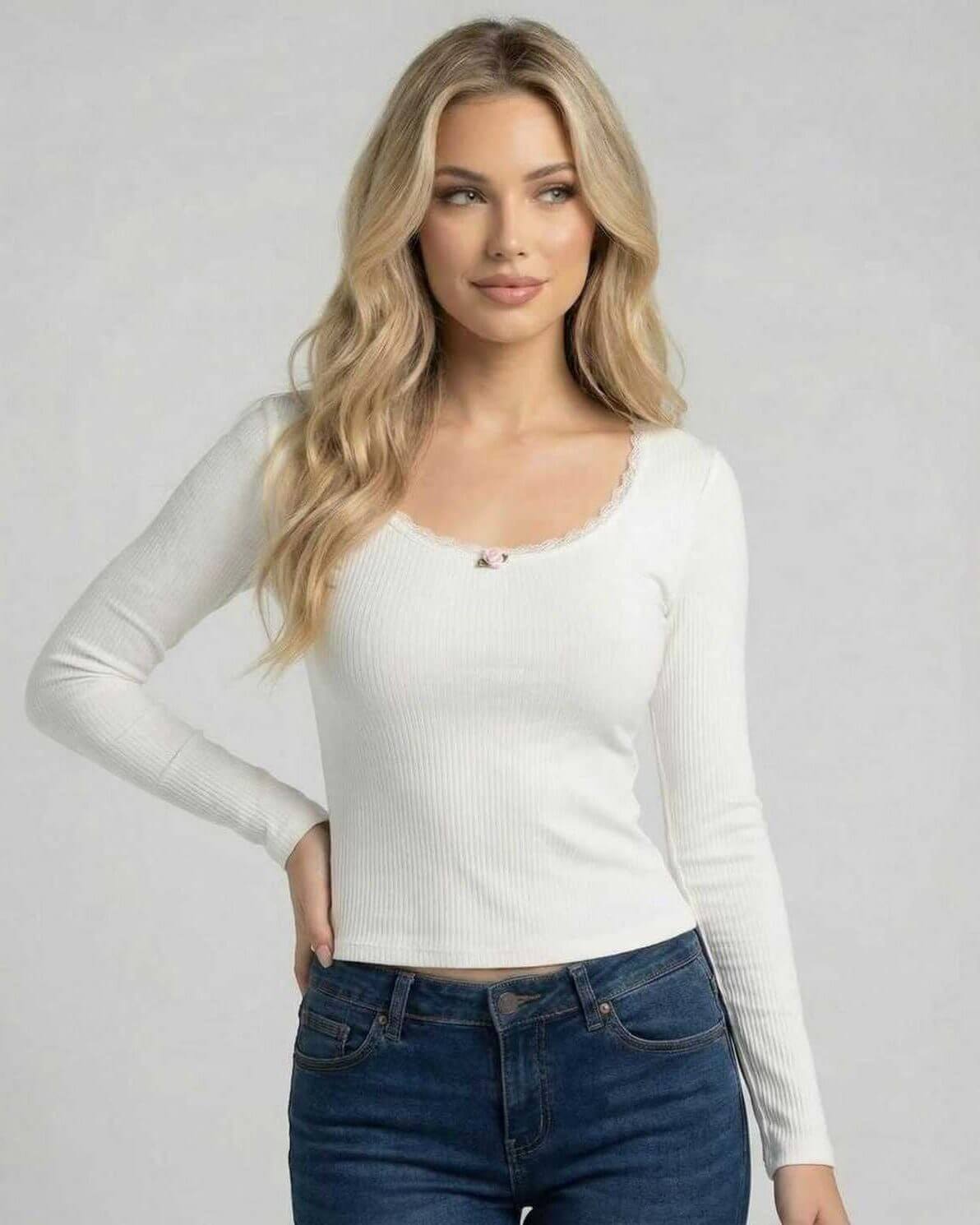 Elara Pullover by Lauven – Women’s white pullover sweater with lace trim and long sleeves, slim fit design.