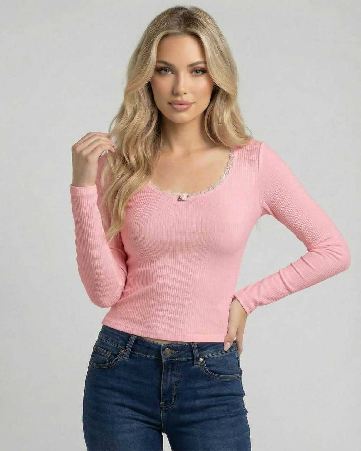 Rosalie Pullover by Lauven - Women’s pink pullover sweater with lace trim and long sleeves.