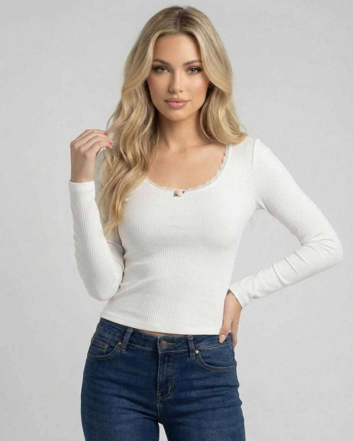 Elara Pullover by Lauven - Women’s white pullover sweater with lace trim and long sleeves, slim fit style.
