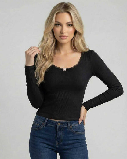 Monaco Pullover by Lauven - Women’s black pullover sweater with lace trim and long sleeves.