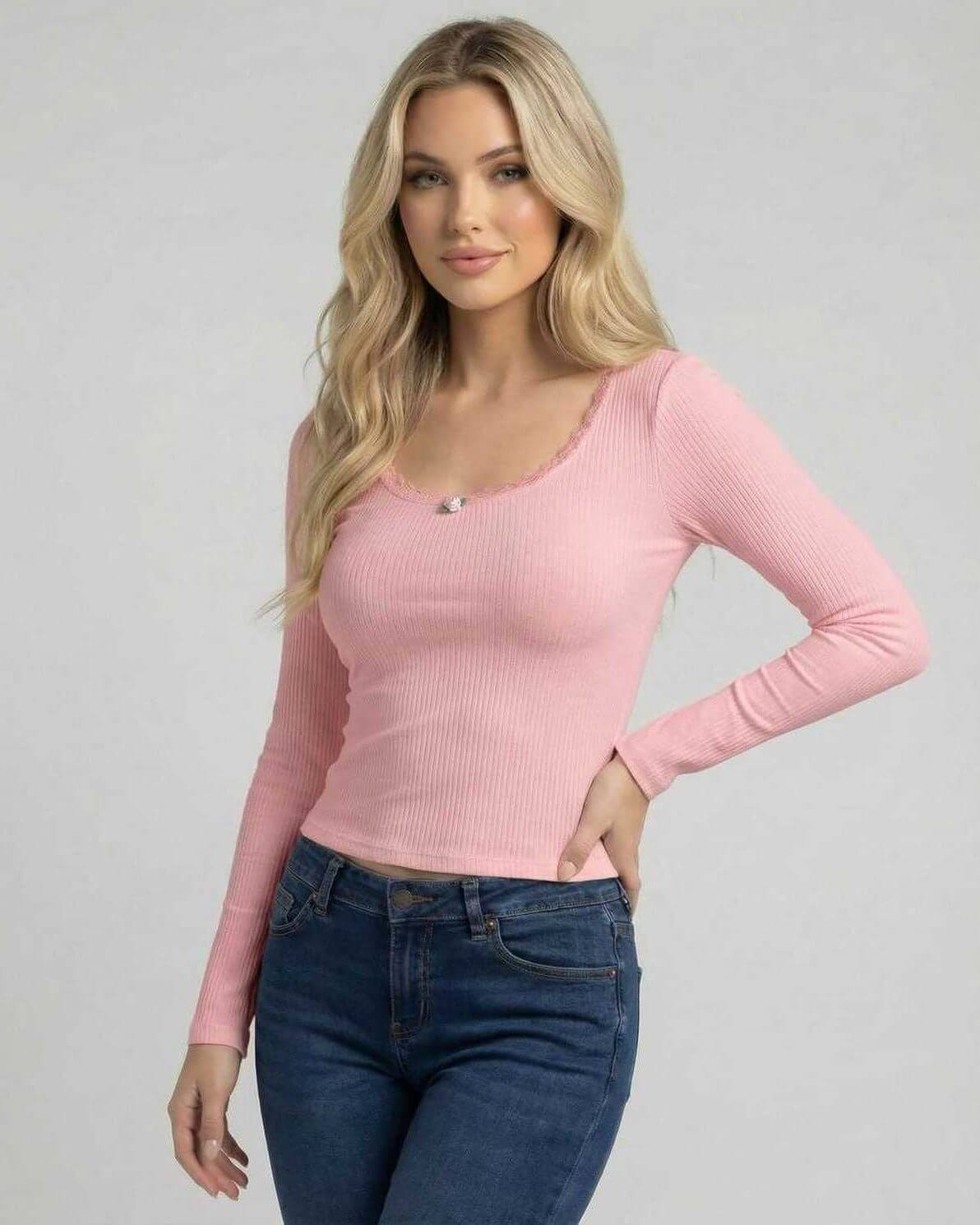 Rosalie Pullover by Lauven - Women’s pink pullover sweater with lace trim and long sleeves.