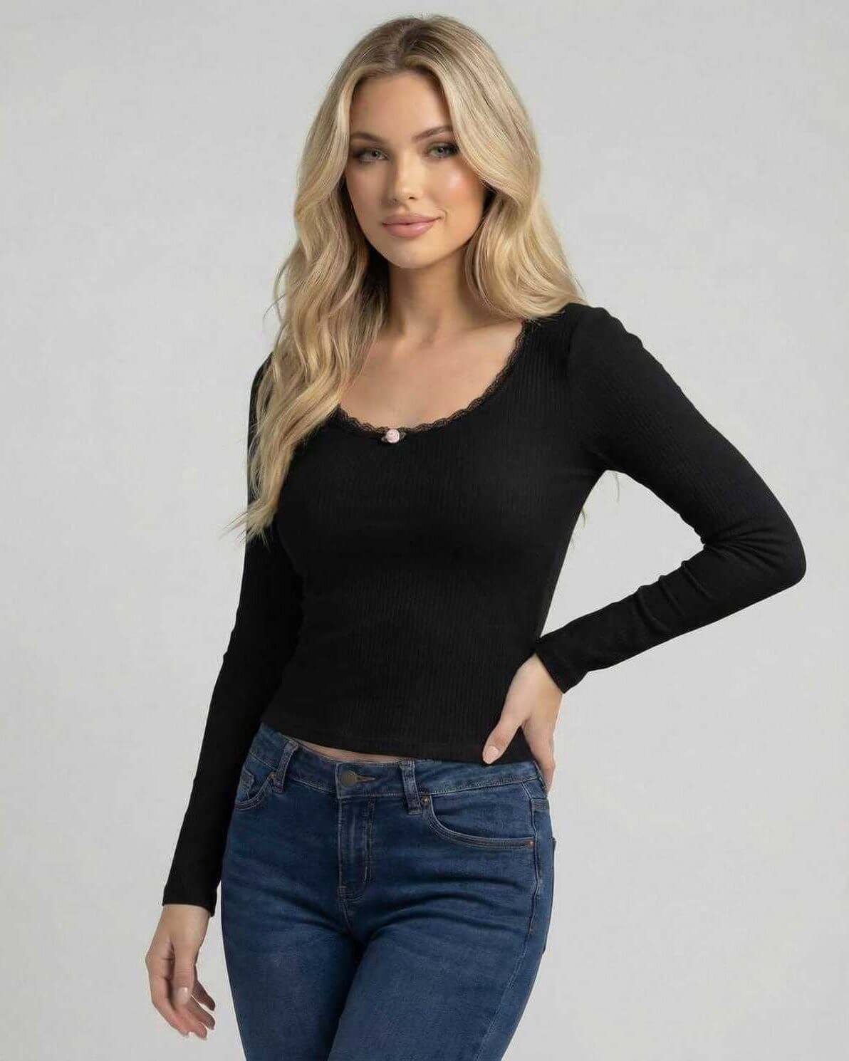 Monaco Pullover by Lauven, women’s black pullover sweater with lace trim and long sleeves.