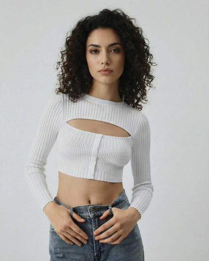 Monaco Top by Lauven, women’s white long sleeve cut out ribbed knit top with button detail.