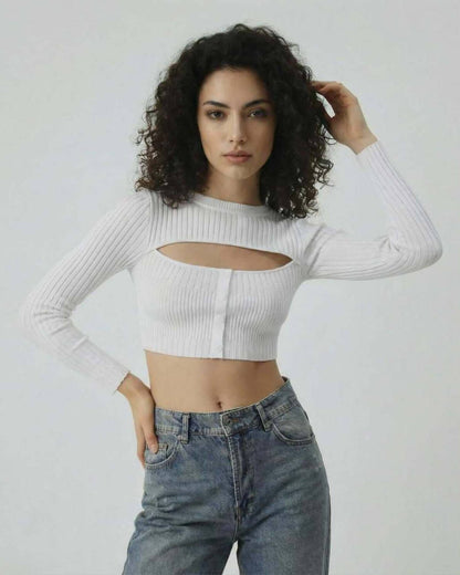 Monaco Top by Lauven - Women's white long sleeve cut out top in ribbed knit with button detail.