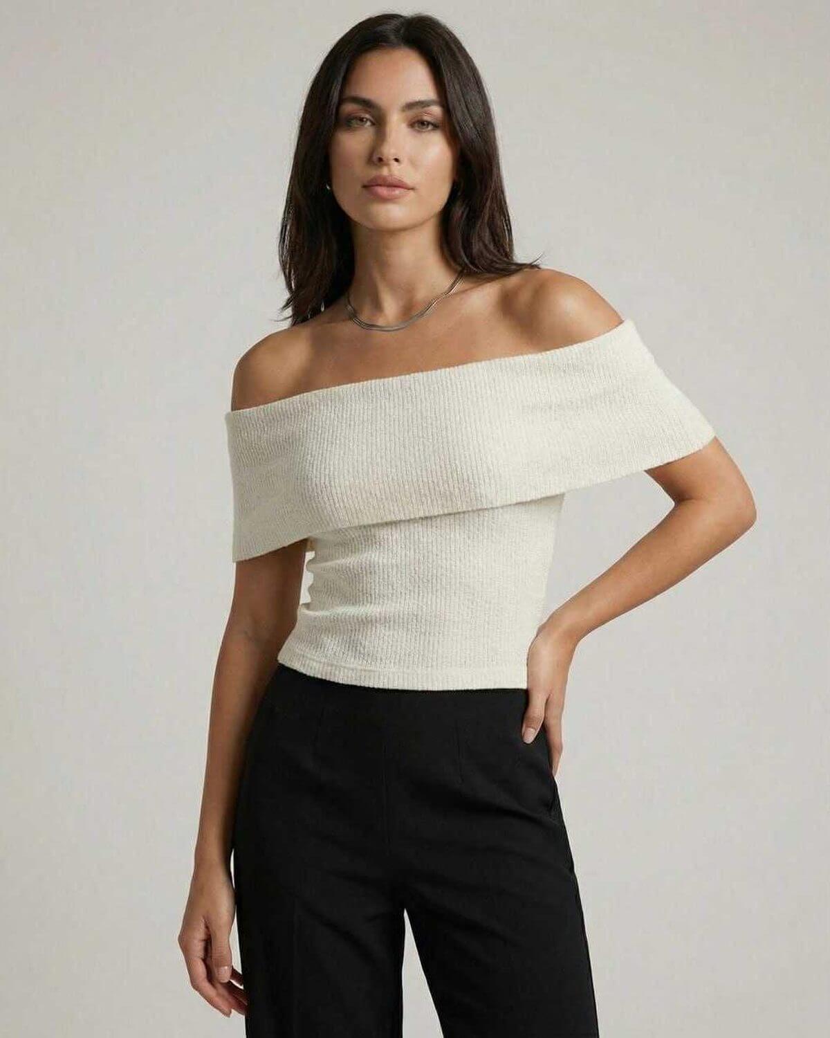 Monaco Top by Lauven – Women’s off-shoulder knit top in cream for a casual elegant style.