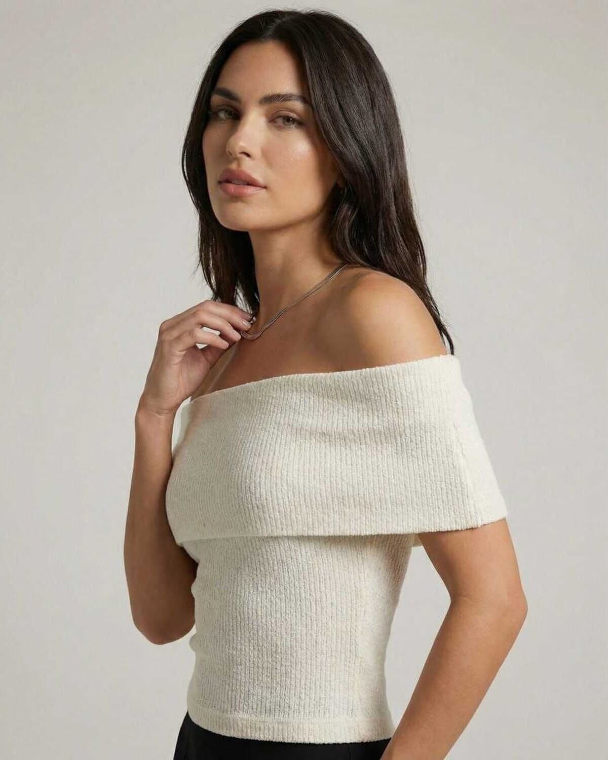 Monaco Top from Lauven – Women’s Off Shoulder Knit Top showcasing a casual elegant style.