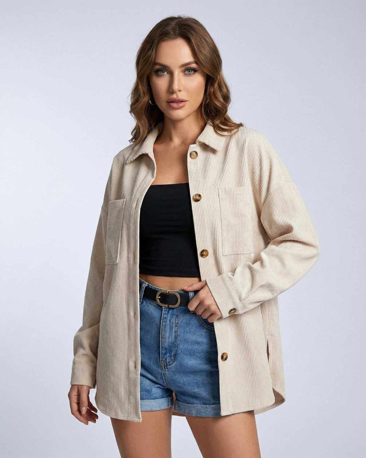 Monaco Jacket by Lauven – Women’s oversized corduroy jacket in a neutral tone.