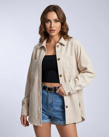 Monaco Jacket by Lauven – Women’s oversized corduroy jacket in a neutral tone.