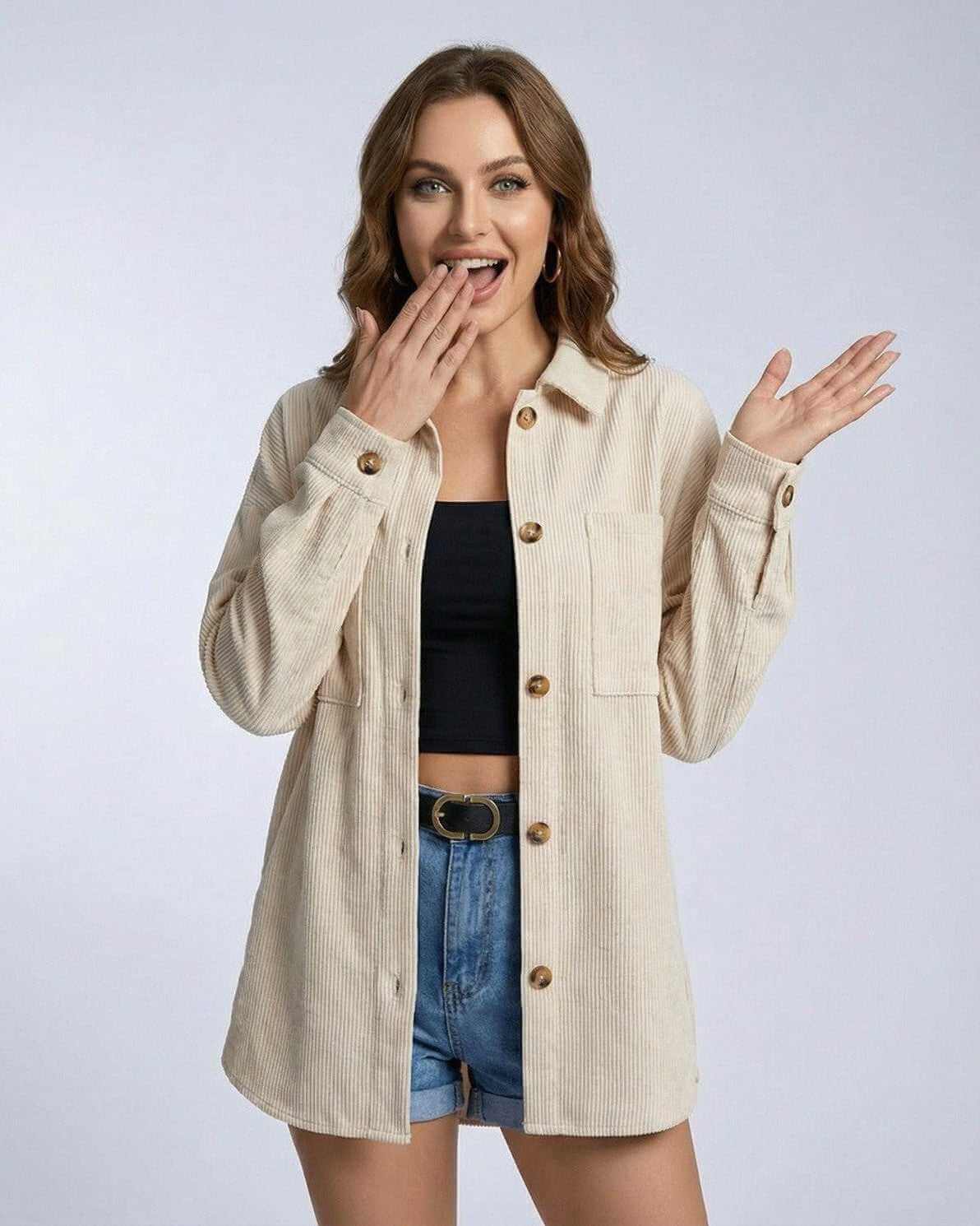 Monaco Jacket by Lauven: Women's oversized corduroy jacket in neutral tone with relaxed silhouette.