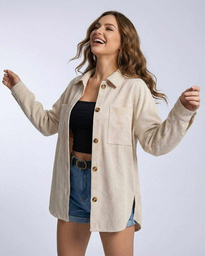 Monaco Jacket by Lauven - Women's oversized corduroy jacket with a relaxed fit and neutral tone.