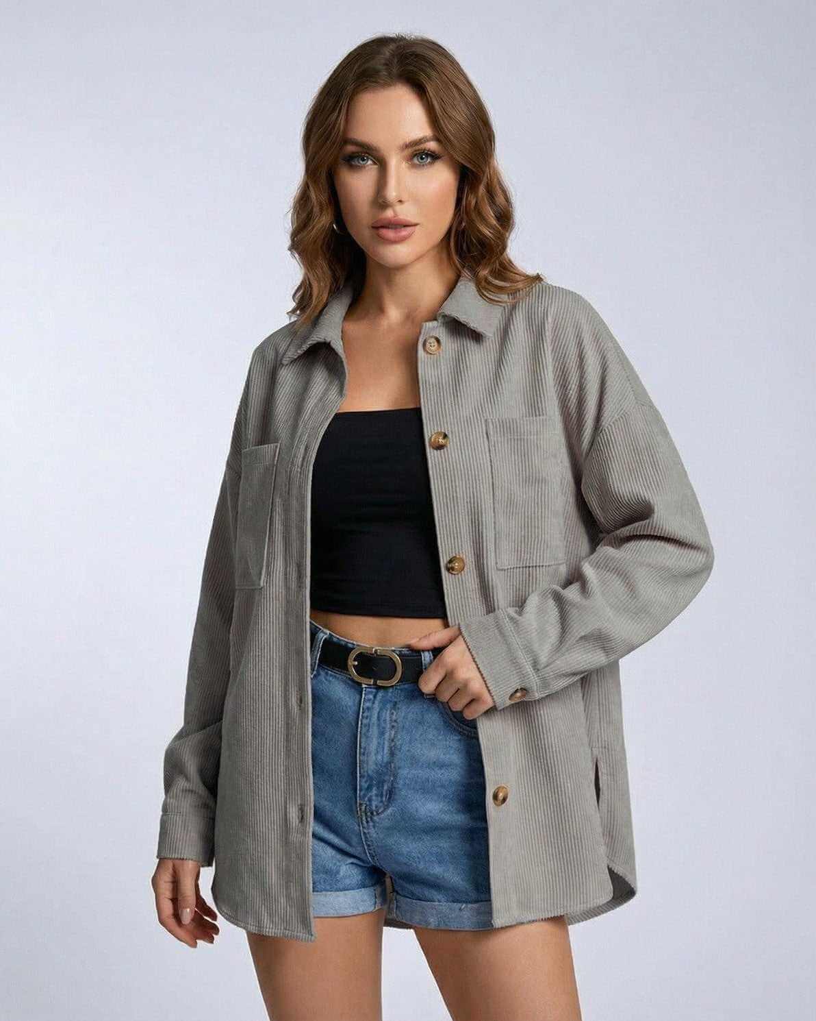 Milan Jacket by Lauven – Women’s gray corduroy jacket with relaxed oversized fit and modern streetwear style.