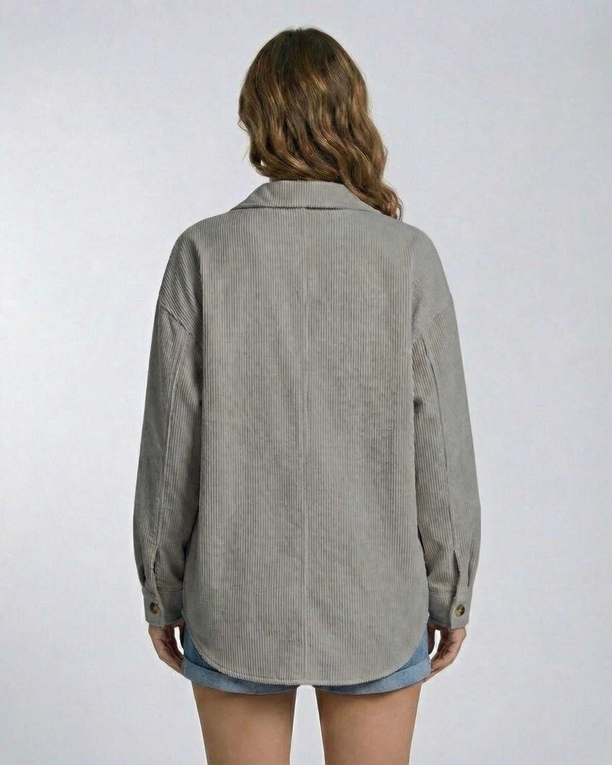 Back view of the Lauven Milan Jacket, a women's gray corduroy jacket with relaxed oversized fit.