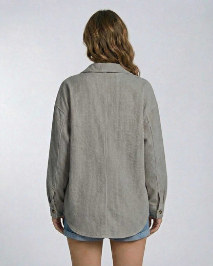 Back view of the Lauven Milan Jacket, a women's gray corduroy jacket with relaxed oversized fit.