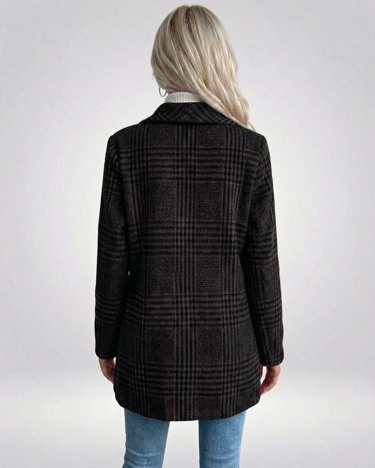 Back view of a woman wearing Noiré Jacket by Lauven, featuring a black plaid design and slim tailored fit.