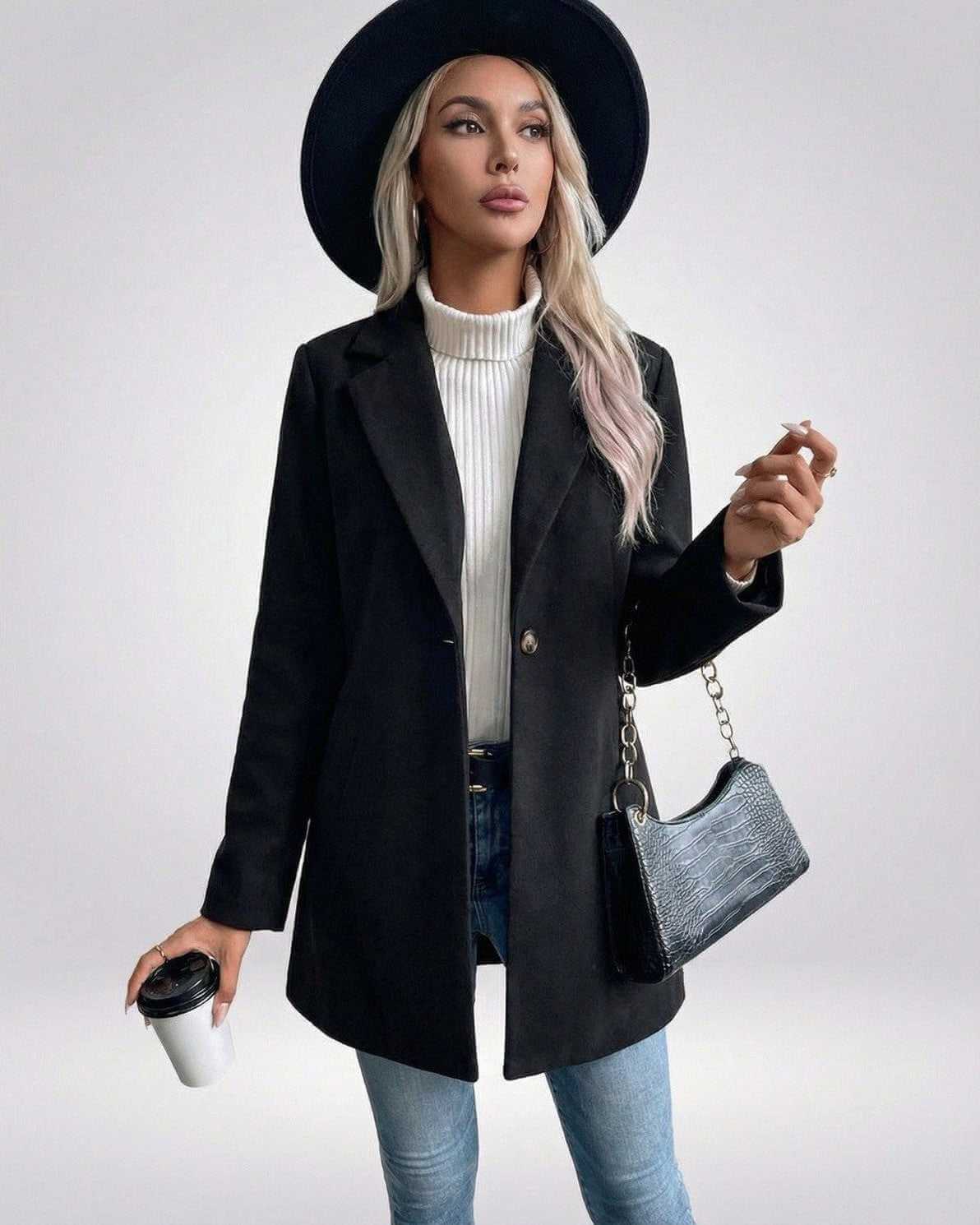 Noiré Jacket by Lauven – Women’s Black Plaid Slim Fit Jacket styled with a hat and handbag.
