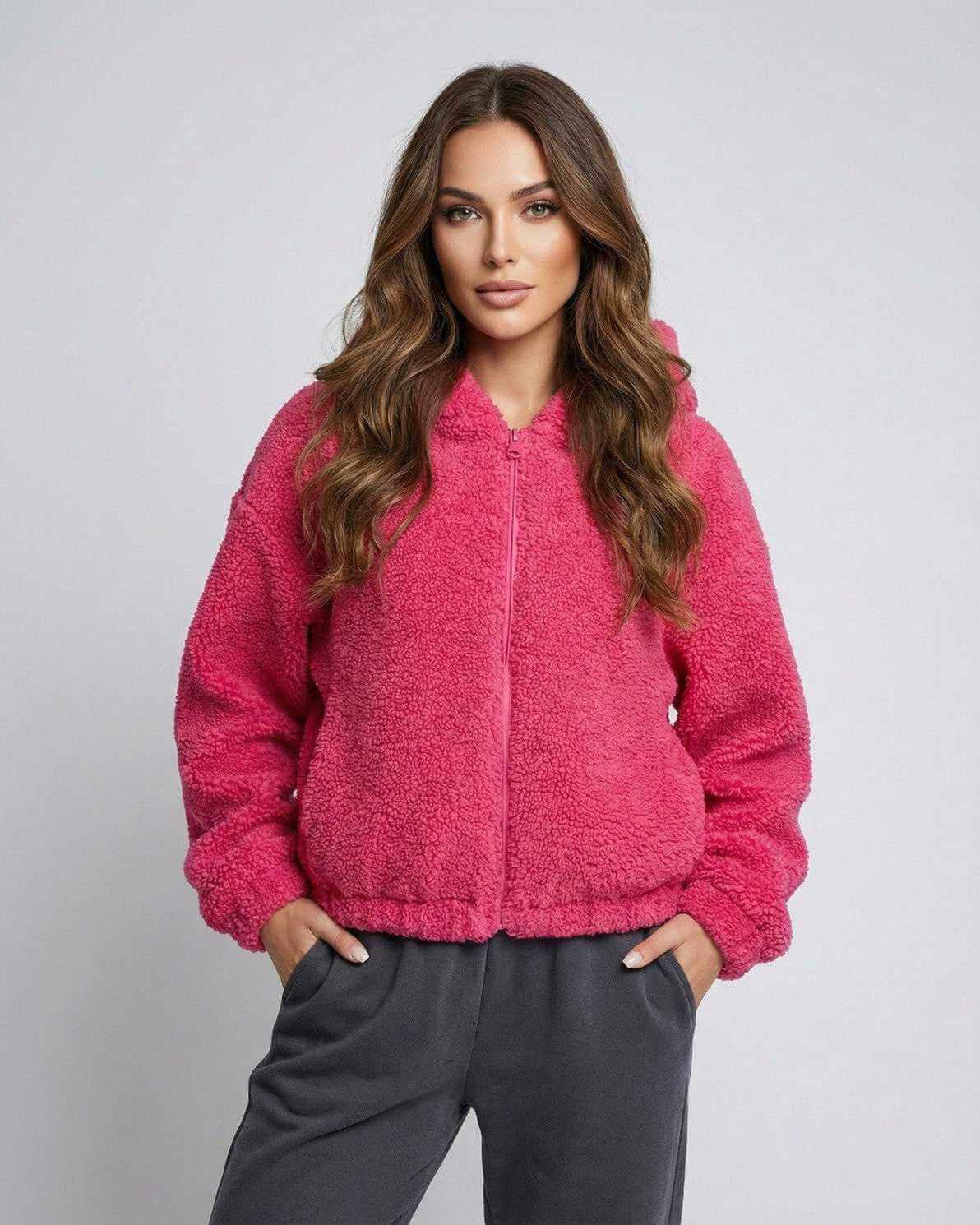 Berry Fleece Jacket by Lauven – Women’s cozy zip-up teddy jacket in vibrant pink color.