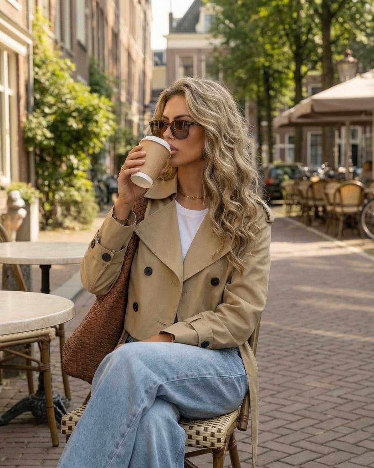Woman enjoying coffee in a Monaco Jacket by Lauven, featuring a cropped trench design and stylish sunglasses.