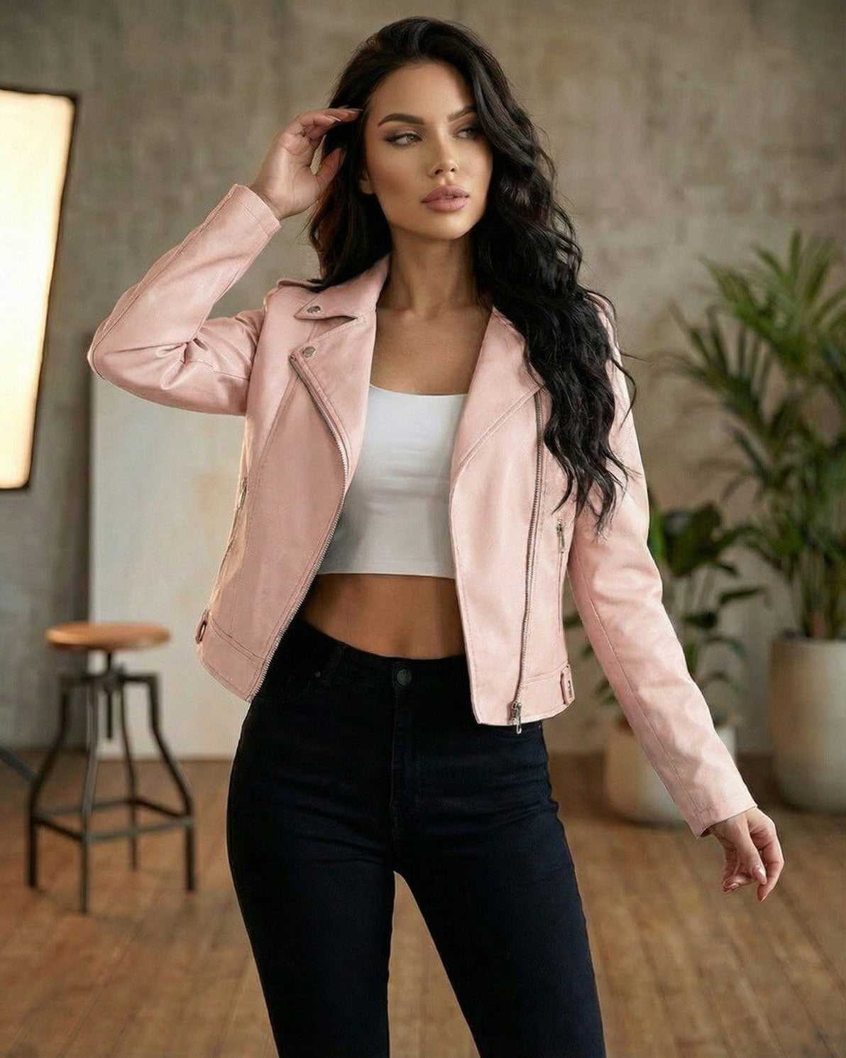 Rosé Jacket by Lauven - Women’s pink leather moto jacket styled with a slim fit and bold zipper details.