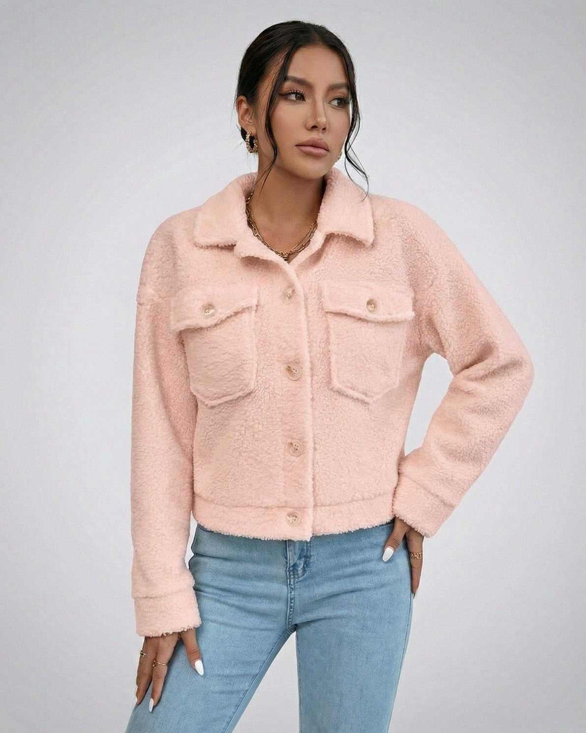 Blush Jacket by Lauven – Women’s faux fur jacket with lapel collar and pockets, delivering modern winter elegance.