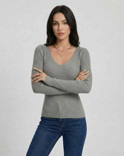 Milan Pullover by Lauven – Women's V-Neck Slim Fit Sweater in Grey with Long Sleeves.
