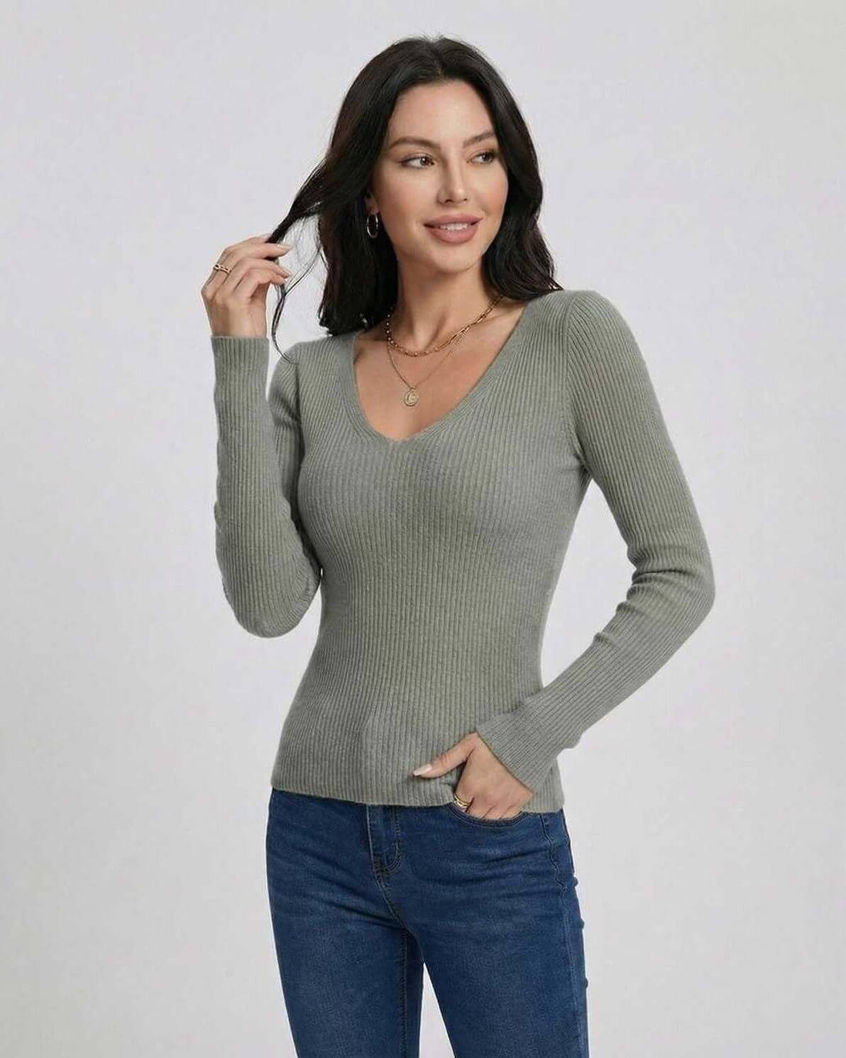 Milan Pullover by Lauven - Women's V-neck slim fit long sleeve sweater in grey ribbed texture.