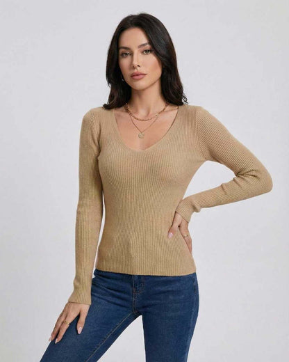 Sahara Pullover by Lauven, women's V-neck pullover sweater in ribbed knit, showcasing slim fit and long sleeves.
