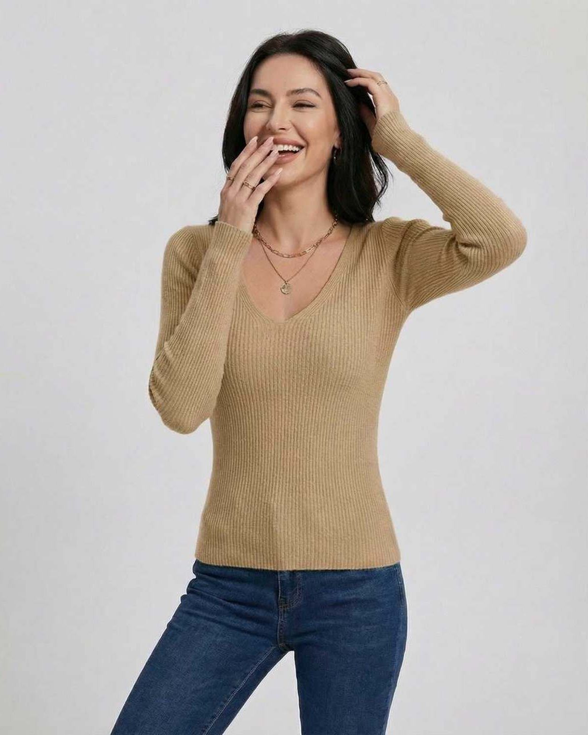 Sahara Pullover by Lauven, women’s V-neck slim fit sweater, perfect for casual and professional looks.