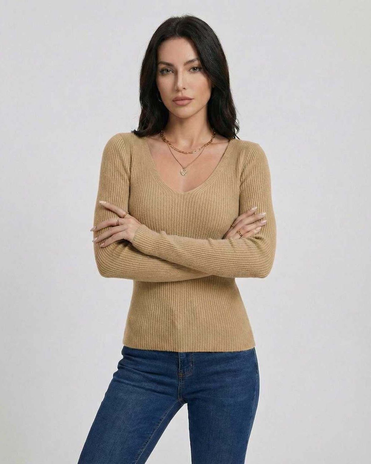 Sahara Pullover by Lauven, women's V-neck sweater with long sleeves, in a sleek slim fit, perfect for any occasion.