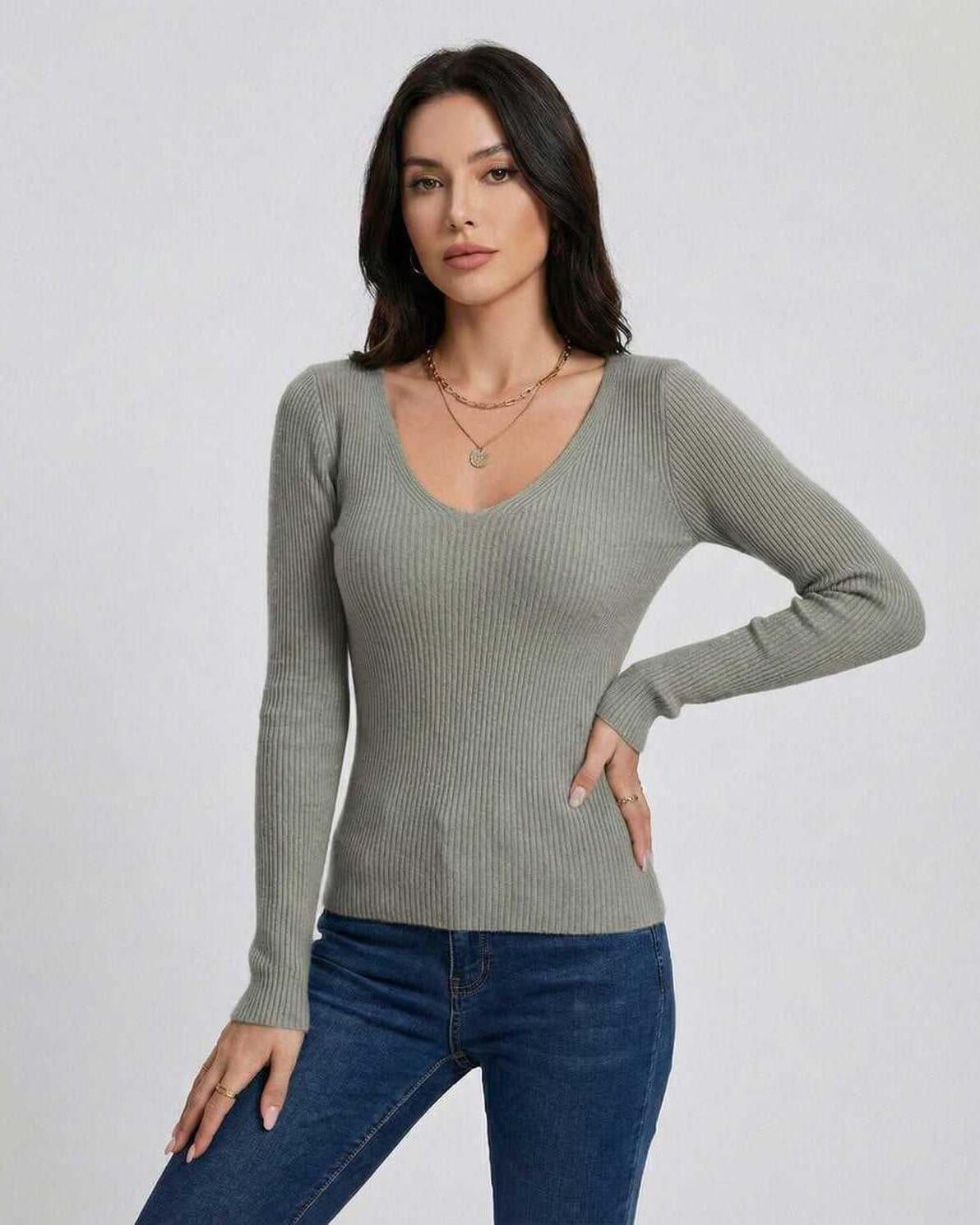 Milan Pullover by Lauven - women’s V-neck slim fit sweater in ribbed knit gray color, perfect for casual and work attire.