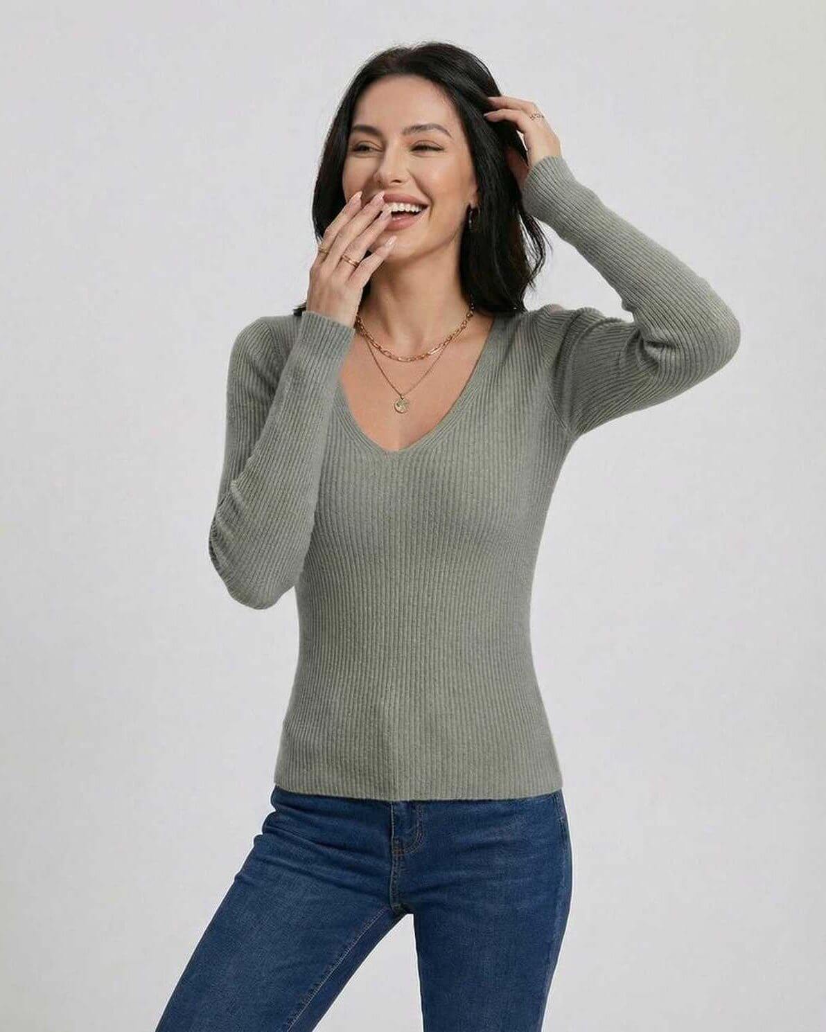 Milan Pullover by Lauven - Women's V-neck slim fit sweater in soft green with long sleeves.
