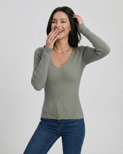 Milan Pullover by Lauven - Women's V-neck slim fit sweater in soft green with long sleeves.
