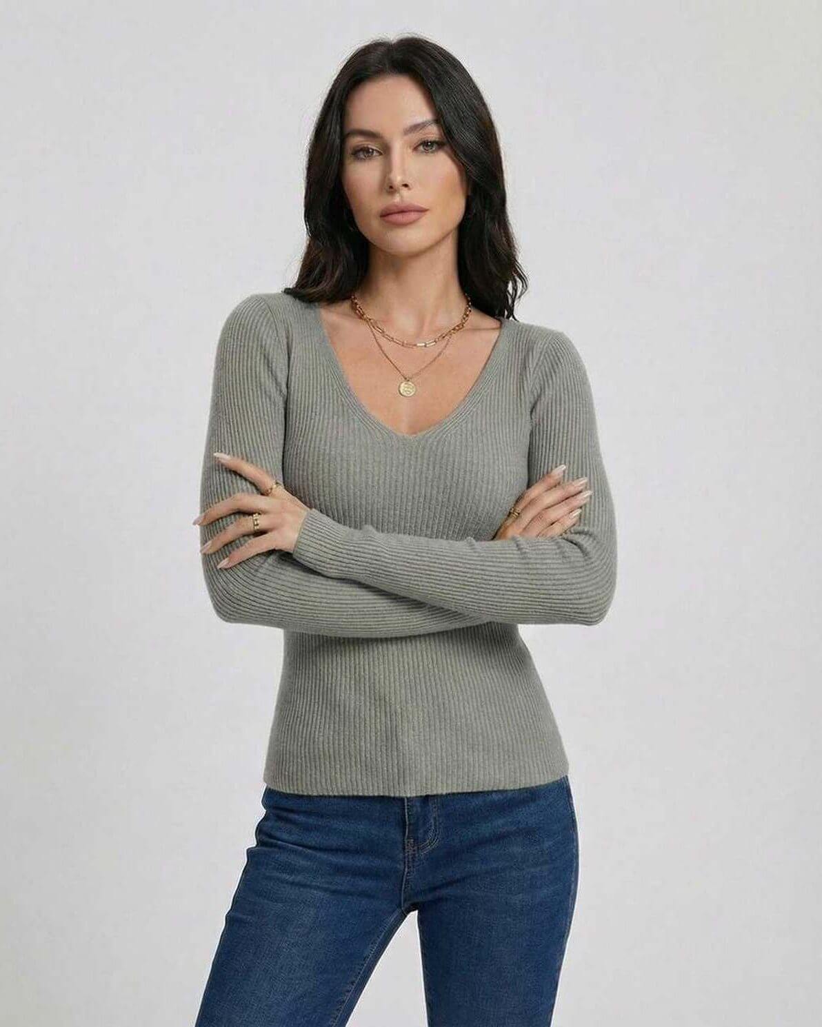 Milan Pullover by Lauven - Women’s V-Neck Pullover Sweater in sleek ribbed knit with slim fit and long sleeves.