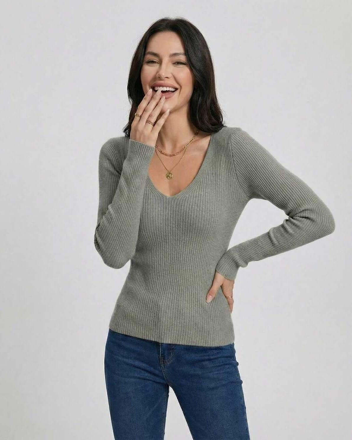 Milan Pullover by Lauven – Women’s slim fit V-neck sweater in ribbed texture, ideal for casual and work wear.