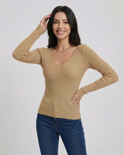 Sahara Pullover by Lauven - Women’s V-Neck Slim Fit Sweater in ribbed texture, perfect for casual and workwear.