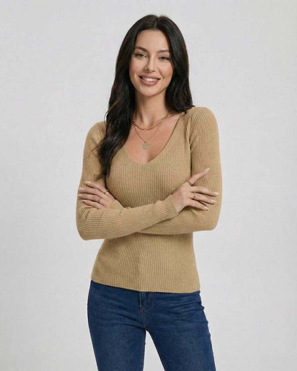 Sahara Pullover by Lauven - Women's V-Neck Slim Fit Long Sleeve Sweater in beige, perfect for casual and polished looks.