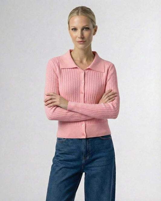 Valencia Cardigan by Lauven – Women’s pink cardigan sweater with button front and ribbed knit design.