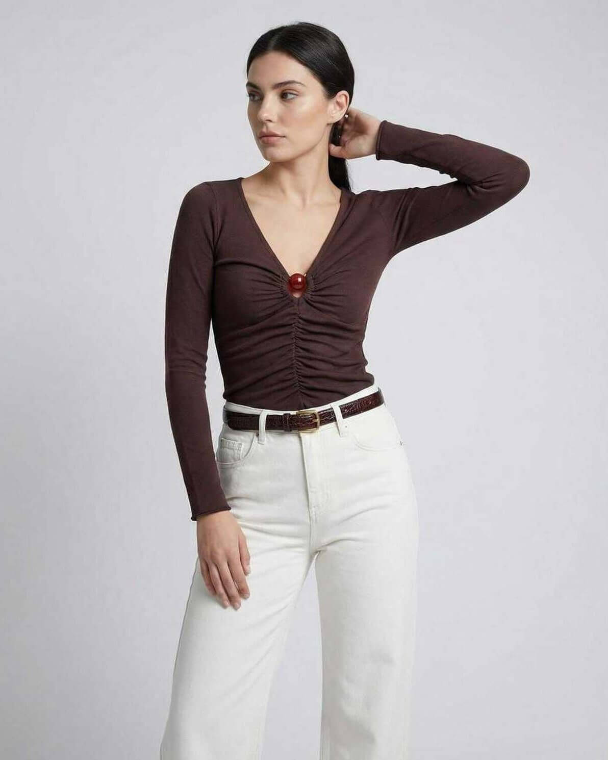 Sienna Long Sleeve - Women’s Brown Long Sleeve Top by Lauven with ruched knit detail and cutout neckline.