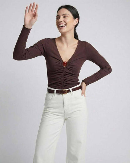 Sienna Long Sleeve – Lauven Women’s Brown Long Sleeve Top with Ruched Knit Detail and Stylish Neckline Cutout
