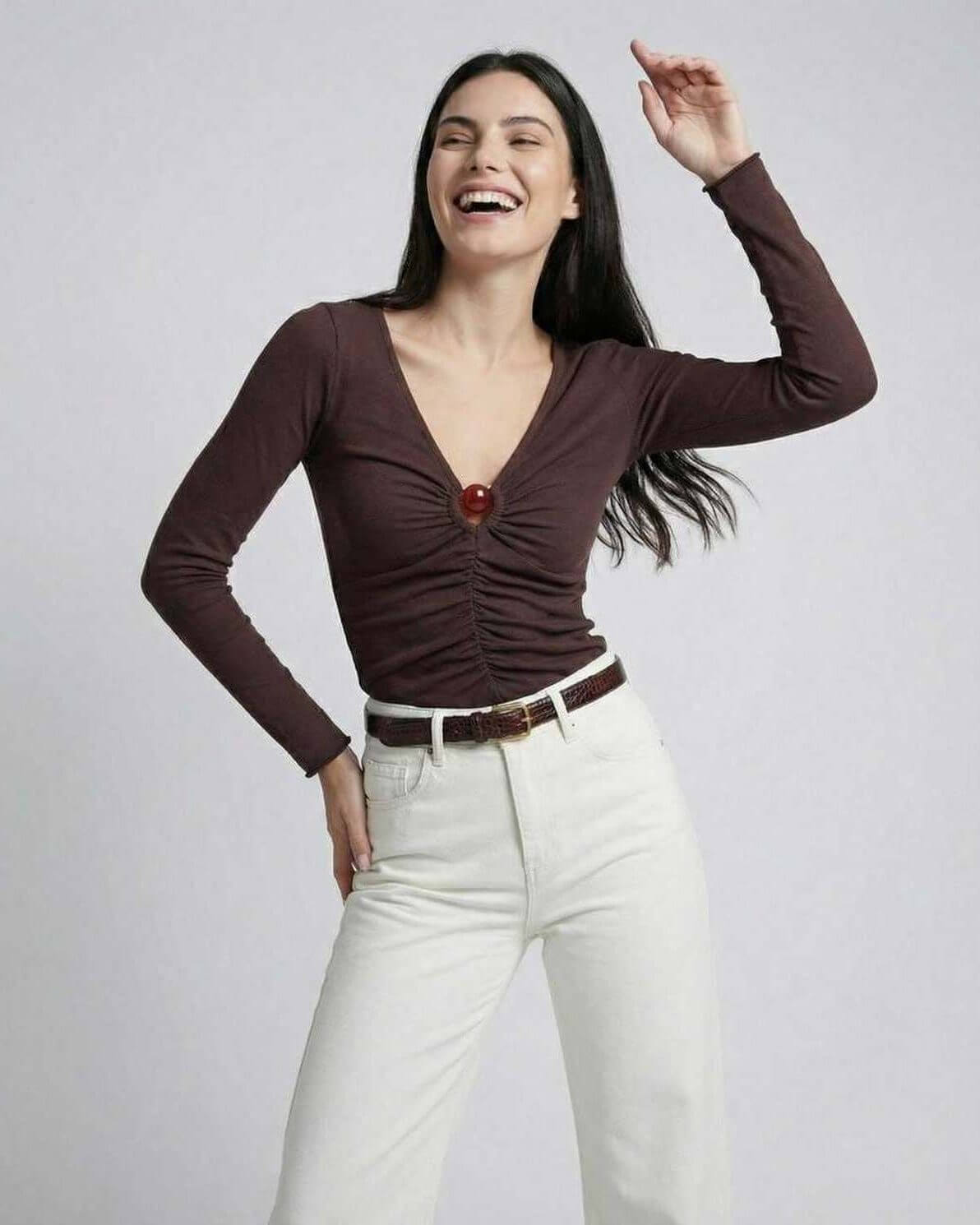 Sienna Long Sleeve – Women’s brown long sleeve top with ruched knit detail by Lauven.