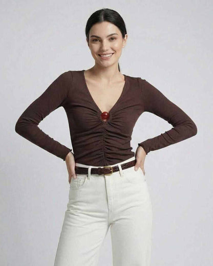 Sienna Long Sleeve by Lauven – Women's brown long sleeve top with ruched knit and cutout neckline.