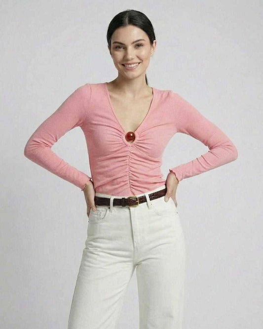 Paloma Long Sleeve – Lauven Women’s Pink Long Sleeve Top with Ruched Knit Detail and V-neckline.