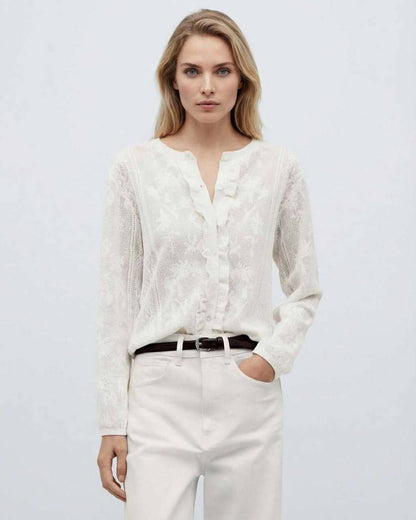 Monaco Blouse by Lauven - Women's elegant white long sleeve knit blouse with jacquard texture.