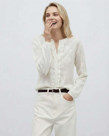 Monaco Blouse by Lauven – Women's White Long Sleeve Knitted Blouse with Elegant Jacquard Texture.