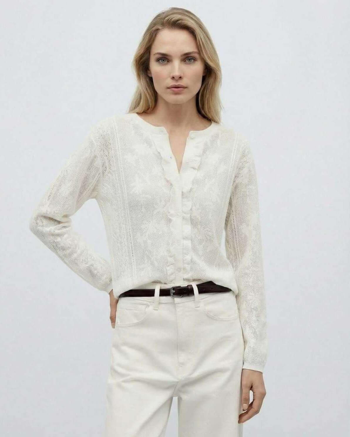 Monaco Blouse by Lauven - Elegant women’s white long sleeve blouse with jacquard texture.