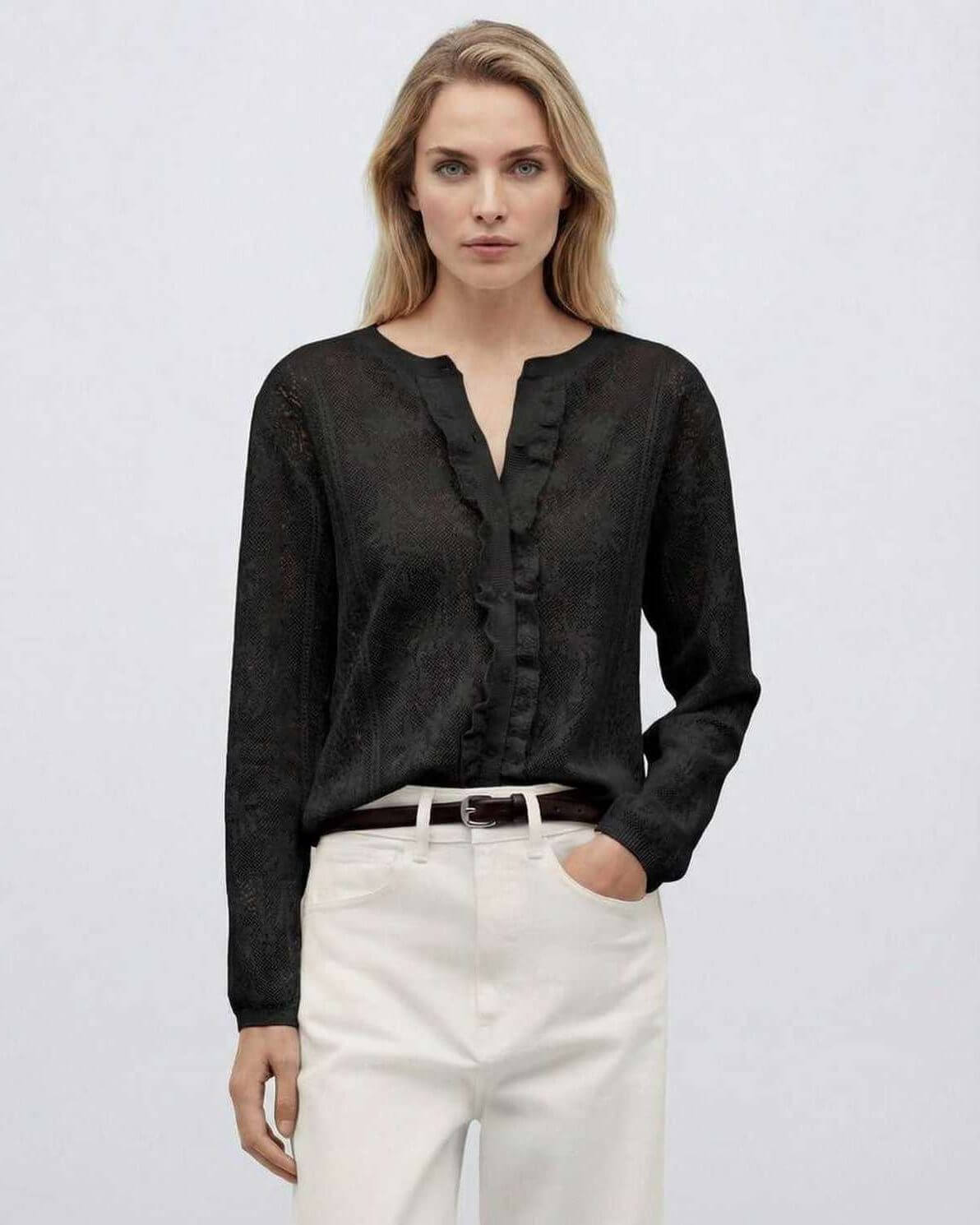 Noiré Blouse by Lauven – Women’s elegant long sleeve black jacquard knit blouse with button front.