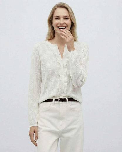 Monaco Blouse by Lauven - Women’s long sleeve white blouse with jacquard texture and elegant design.